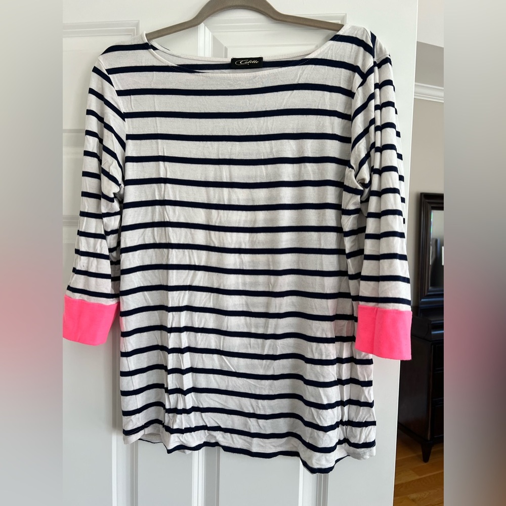 Blue and white striped 3/4 sleeve shirt with hot pink cuffs.  Size XL